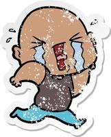 distressed sticker of a cartoon crying bald man vector