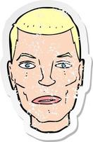 pegatina retro angustiada de una cara masculina seria de dibujos animados vector