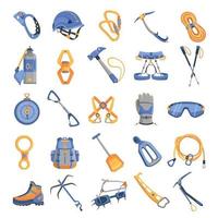 Mountaineering equipment icons set, cartoon style vector