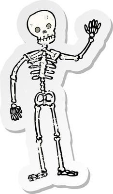 retro distressed sticker of a cartoon waving skeleton