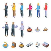 Food critic icons set isometric vector. Restaurant food vector