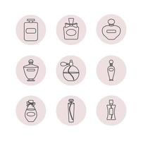 Set of Perfume Icons. Line art Vector illustration of Fragrance in different Bottles. Pictogram of Parfum on light pink background for web design or button