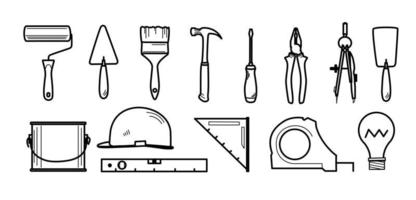 Construction tools Icon set. Vector minimalist Building Illustration. Simple Thin line art