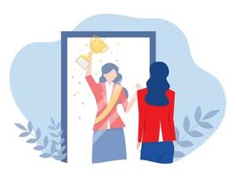 Business Woman see reflection from mirror she get award and victory from win work herself successful. vector concept