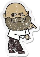 distressed sticker of a cartoon man with beard frowning and pointing vector