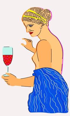 Vector bright illustration of ancient statue of woman with glass of wine.