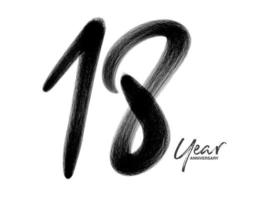 Plantilla de vector de celebración de aniversario de 18 años, diseño de logotipo de 18 años, 18 cumpleaños, números de letras negras dibujo de pincel boceto dibujado a mano, ilustración de vector de diseño de logotipo de número