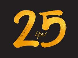 plantilla de vector de celebración de aniversario de oro de 25 años, diseño de logotipo de 25 años, 25 cumpleaños, números de letras doradas dibujo de pincel boceto dibujado a mano, ilustración de vector de diseño de logotipo de número