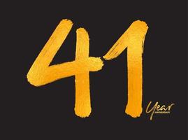 plantilla de vector de celebración de aniversario de oro de 41 años, diseño de logotipo de 41 años, 41 cumpleaños, números de letras doradas dibujo de pincel boceto dibujado a mano, ilustración de vector de diseño de logotipo de número