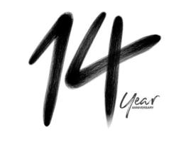 Plantilla de vector de celebración de aniversario de 14 años, diseño de logotipo de 14 años, 14 cumpleaños, números de letras negras dibujo de pincel boceto dibujado a mano, ilustración de vector de diseño de logotipo de número