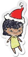 distressed sticker cartoon of a woman wearing santa hat vector
