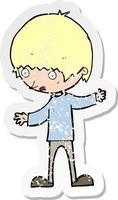 retro distressed sticker of a cartoon boy with outstretched arms vector