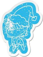 cartoon distressed sticker of a woman wearing santa hat vector