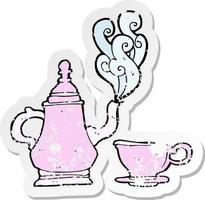 retro distressed sticker of a cartoon coffee pot and cup vector