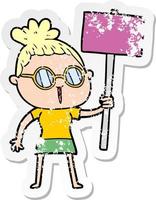 distressed sticker of a cartoon woman wearing spectacles vector