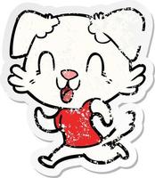 distressed sticker of a laughing cartoon dog jogging vector
