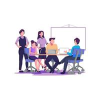 reunión de negocios concepto de trabajo en equipo personajes de hombre de negocios y mujer con ilustración de estilo plano de computadora portátil vector