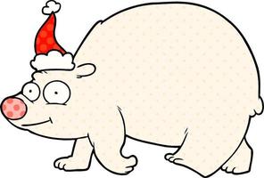 comic book style illustration of a walking polar bear wearing santa hat vector