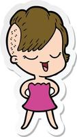 sticker of a happy cartoon girl in cocktail dress vector