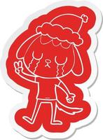 cute cartoon  sticker of a dog crying wearing santa hat vector