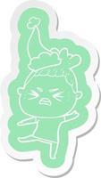 cartoon  sticker of a angry woman wearing santa hat vector