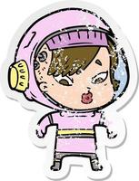 distressed sticker of a cartoon astronaut woman vector