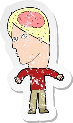 retro distressed sticker of a cartoon man with brain symbol