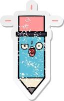 distressed sticker of a cute cartoon pencil vector