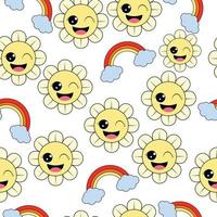 Colorful seamless pattern in geometric style with ditsy flowers. Groovy and fun vector print with smiled faces in chamomile flowers, cartoon style. Retro and hippie aesthetic, love and peace