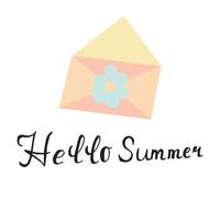 Hello summer- isolated vector handdrawn lettering with rainbow clip-art in simple rough style. Design for t-shirts, prints, postcards, flayers, banners, posters