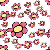 Colorful seamless pattern in geometric style with ditsy flowers. Groovy and fun vector print with smiled faces in chamomile flowers, cartoon style. Retro and hippie aesthetic, love and peace