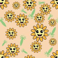 Colorful seamless pattern in geometric style with ditsy flowers. Groovy and fun vector print with smiled faces in chamomile flowers, cartoon style. Retro and hippie aesthetic, love and peace