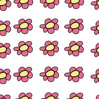 Colorful seamless pattern in geometric style with ditsy flowers. Groovy and fun vector print with smiled faces in chamomile flowers, cartoon style. Retro and hippie aesthetic, love and peace