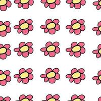 Colorful seamless pattern in geometric style with ditsy flowers. Groovy and fun vector print with smiled faces in chamomile flowers, cartoon style. Retro and hippie aesthetic, love and peace