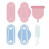 kit de períodos de cero residuos aislado sobre fondo blanco. toallas sanitarias reutilizables y copa menstrual contra tampones y toallas sanitarias. ilustración elegante de dibujos animados de diseño plano vectorial. concepto ecológico. vector