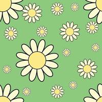 Colorful seamless pattern in geometric style with ditsy flowers. Groovy and fun vector print with smiled faces in chamomile flowers, cartoon style. Retro and hippie aesthetic, love and peace