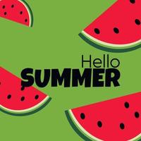 Vector card with watermelon and lettering. Hello summer. Typographic printable banner for summer design. Hand drawing abstract fruit.