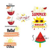 etiquetas de verano, logotipos, etiquetas dibujadas a mano y elementos establecidos para vacaciones de verano, viajes, vacaciones en la playa, sol. ilustración vectorial vector