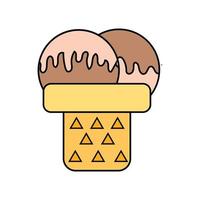 bolas de helado en el cono de galleta aislado sobre fondo blanco. icono de contorno plano vectorial. personaje cómico en la ilustración de estilo de dibujos animados para el diseño de la camiseta vector