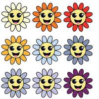 Colorful seamless pattern in geometric style with ditsy flowers. Groovy and fun vector print with smiled faces in chamomile flowers, cartoon style. Retro and hippie aesthetic, love and peace