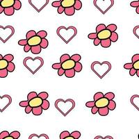 Colorful seamless pattern in geometric style with ditsy flowers. Groovy and fun vector print with smiled faces in chamomile flowers, cartoon style. Retro and hippie aesthetic, love and peace