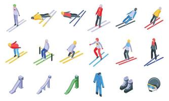Ski jumping icons set isometric vector. Action jump vector