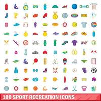 100 sport recreation icons set, cartoon style vector