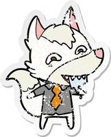 distressed sticker of a cartoon hungry wolf in office clothes vector