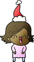 gradient cartoon of a laughing woman wearing santa hat vector