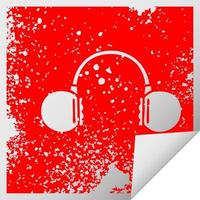 distressed square peeling sticker symbol retro headphone vector