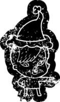 cartoon distressed icon of a surprised girl pointing wearing santa hat vector