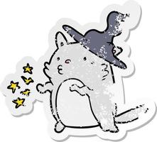 distressed sticker of a cartoon cat wizard vector