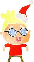 retro cartoon of a woman wearing spectacles wearing santa hat vector