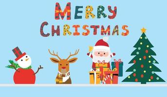 Christmas vector characters like santa claus, reindeer and snowman holding gift with merry christmas greeting and tree in a red background. Vector illustration.